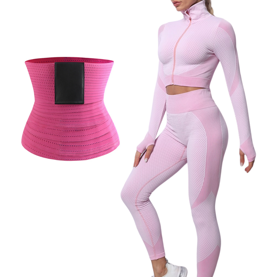 3 PIECE Pink Sports Top Zipper And High Waist Pants Slimming Fit WITH –  Snatch Bans